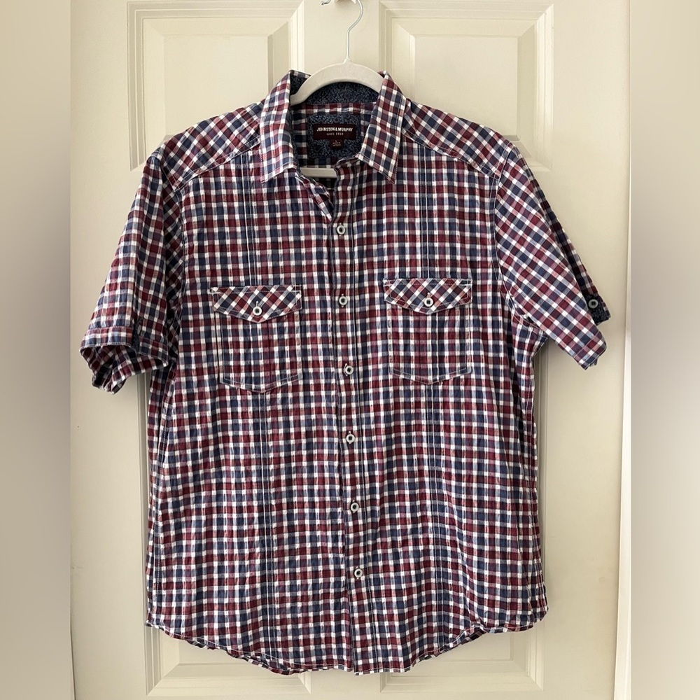 Men’s Johnston & Murphy short sleeve button down plaid seersucker shirt size L